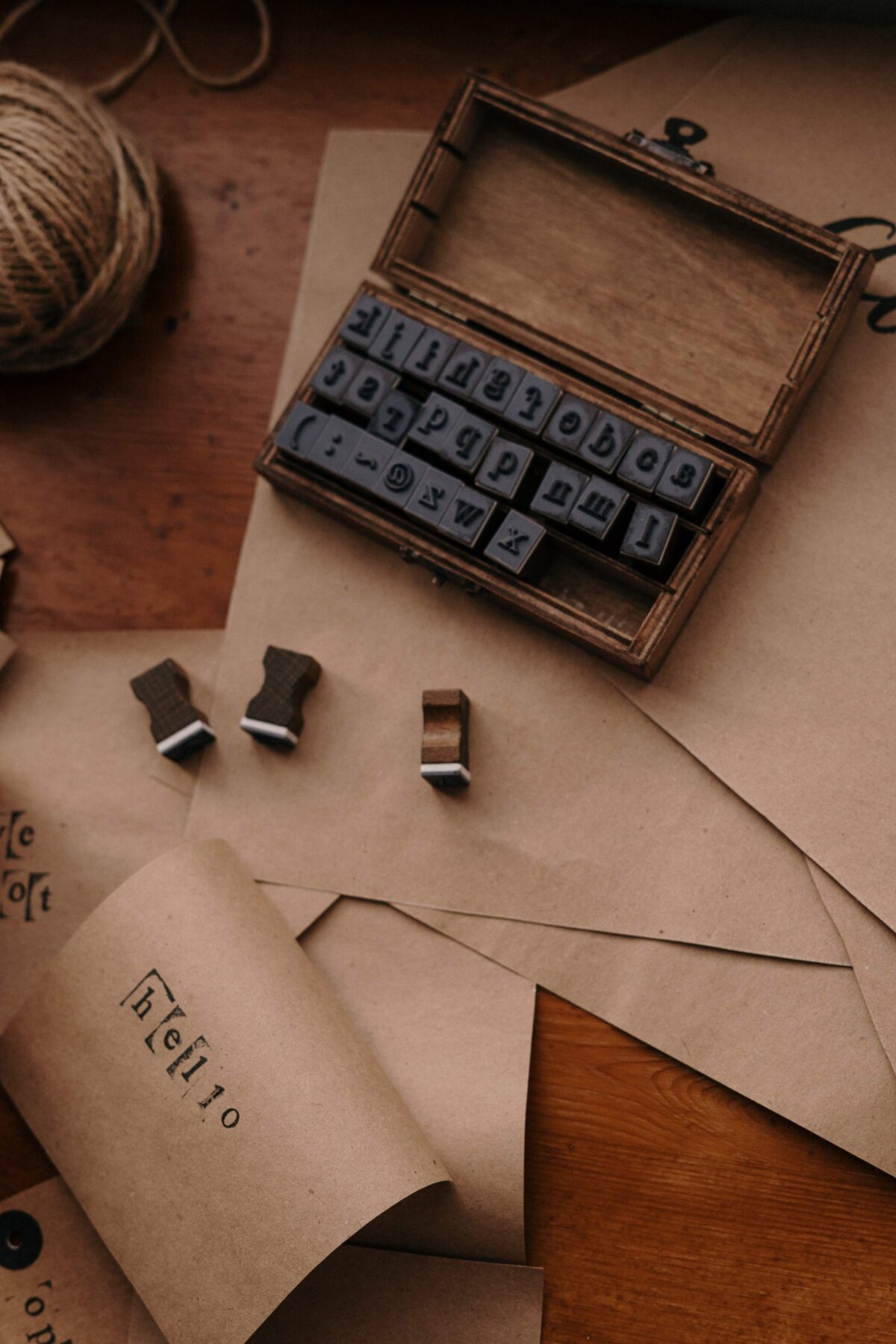 stationery and some letter stamps in a wooden box