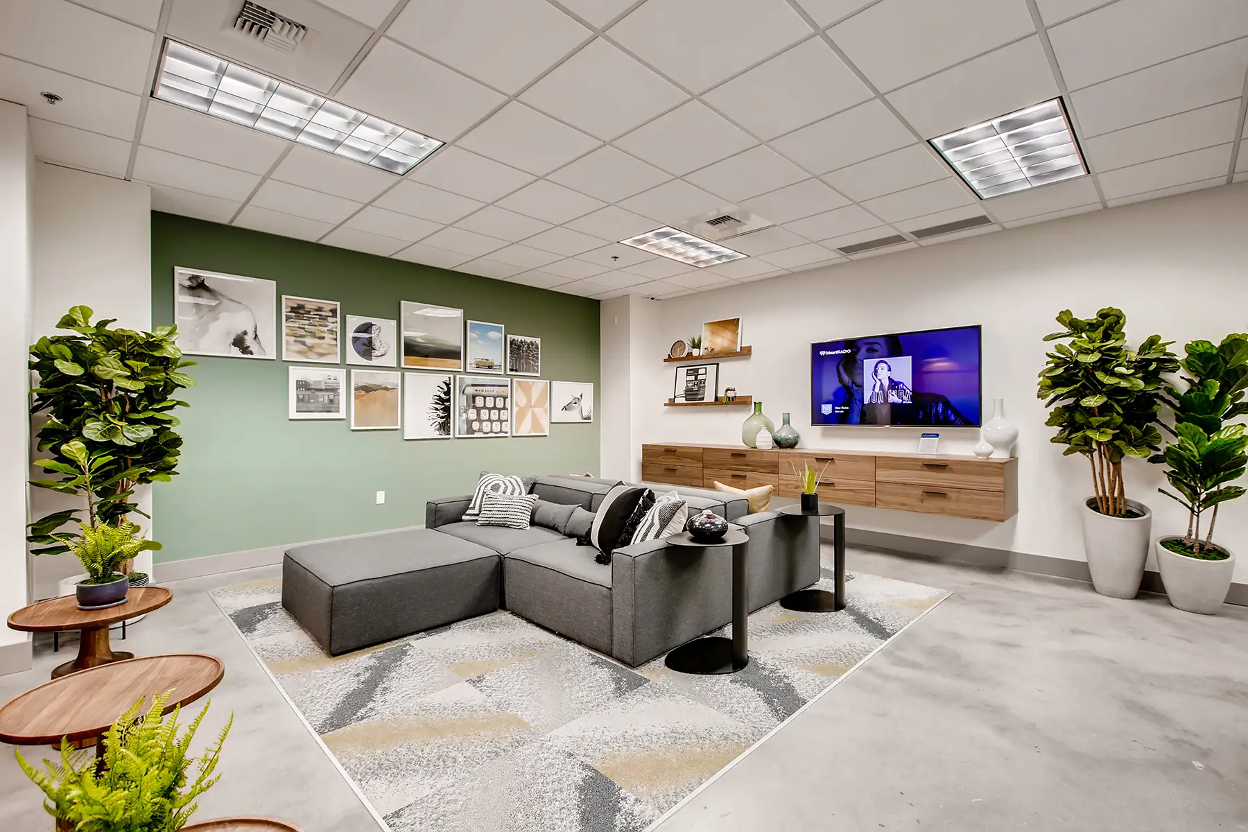 Clubhouse lounge with sofas and TV