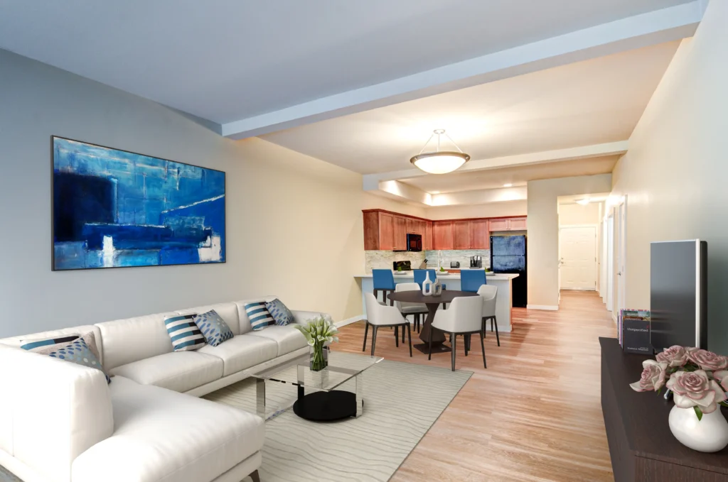 Living room with view of dining area and kitchen