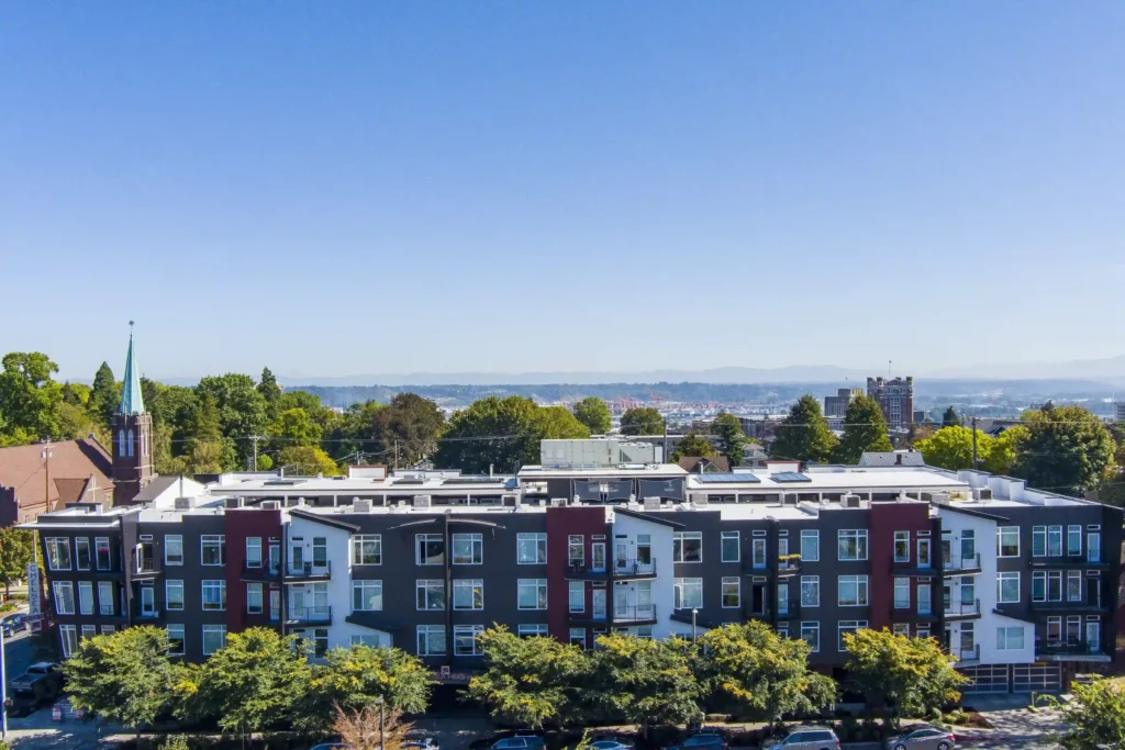 Aerial view of building exterior